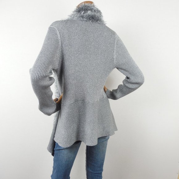 LAUREN MICHELE Top L Cardigan Sweater Silver Gray Metallic Faux Fur Stretch Knit - Picture 8 of 11